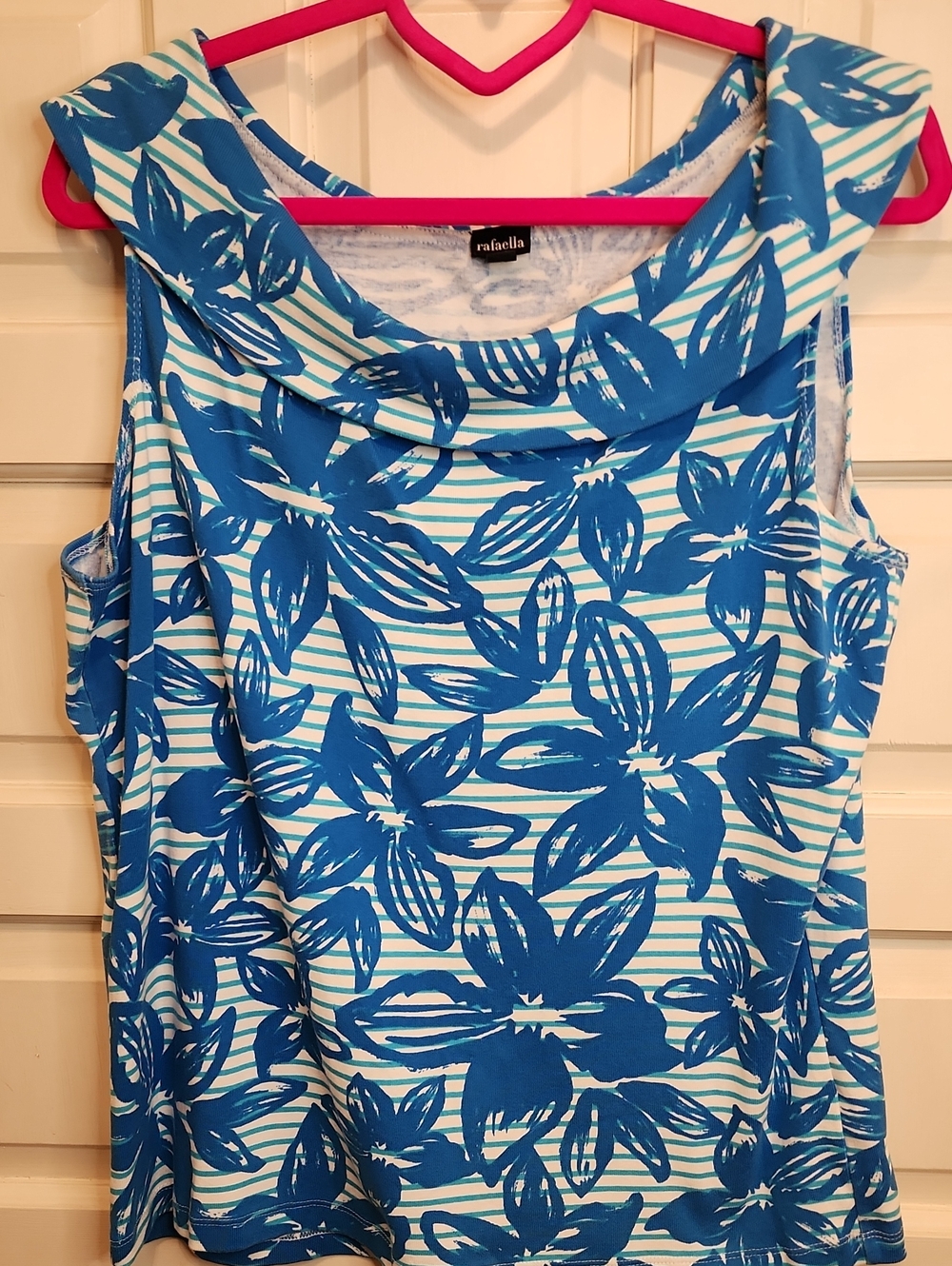 RAFAELLA White & Blue Floral Cowl Neck Tank Stripes Large Blue FLowers Cowl Neck